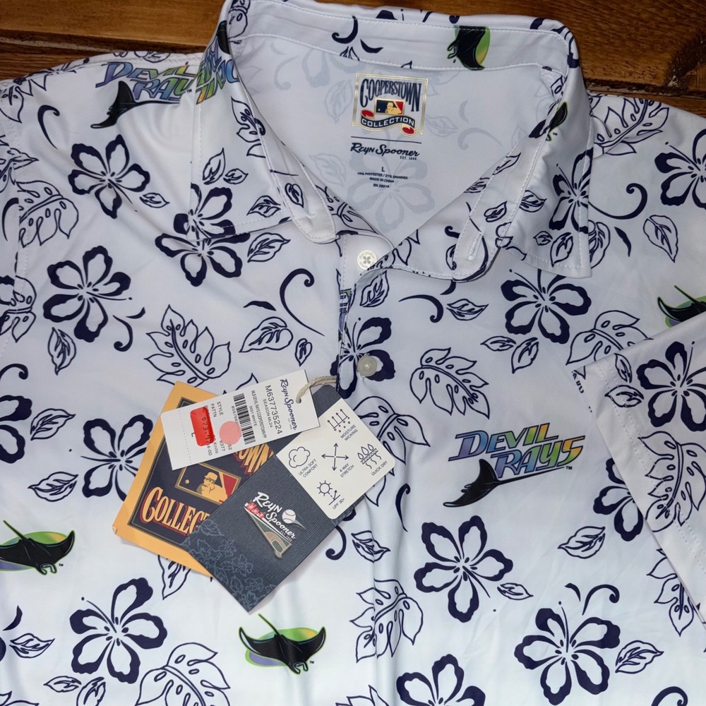 Reyn Spooner Polo Shirt Men Large White Tampa Bay Devil Rays MLB Cooperstown NEW